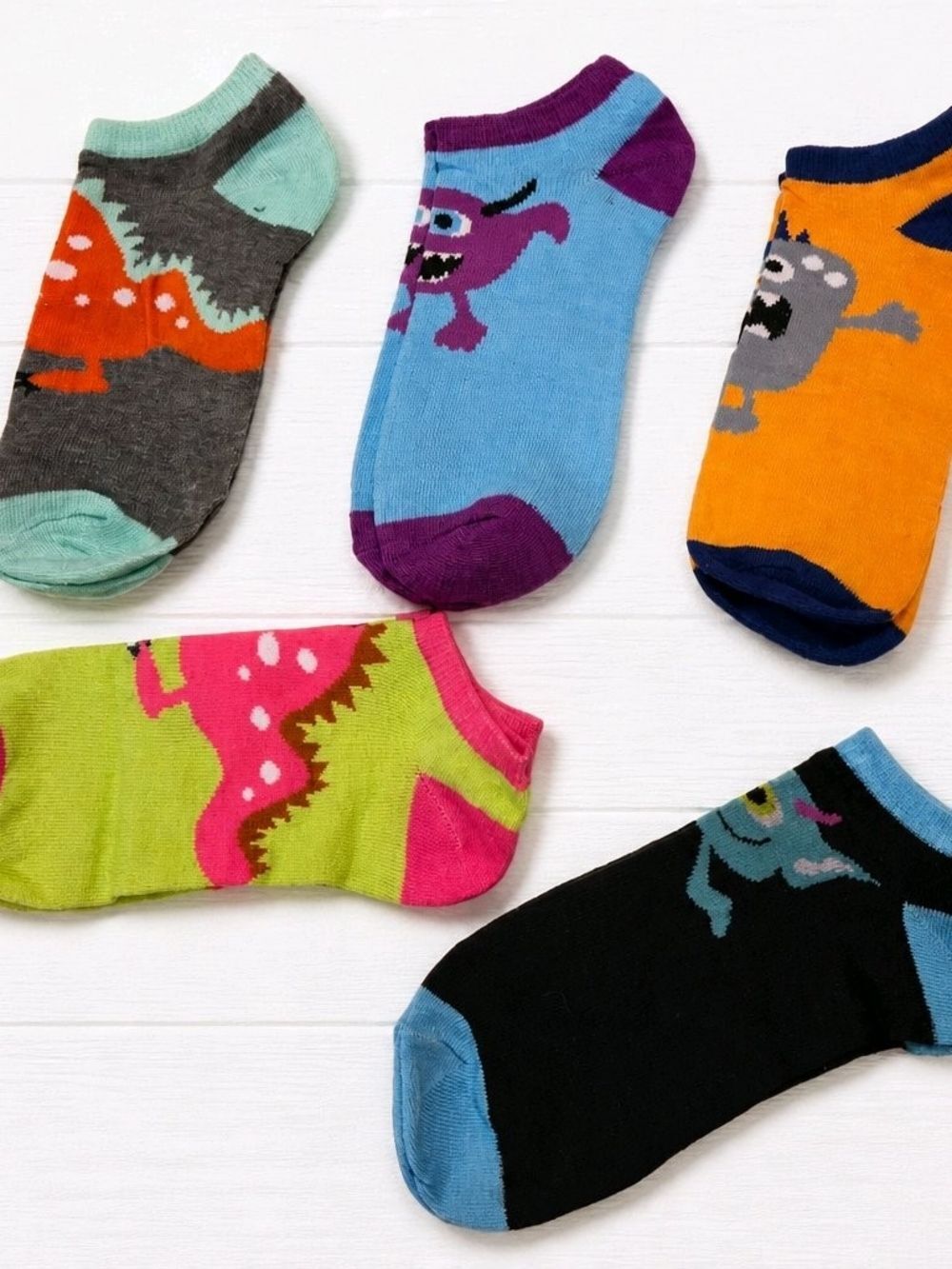 Kids Athletic No-Show Socks with Colorful Monster Designs - Multicolor